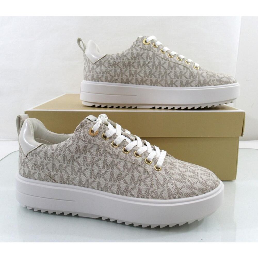 Michael Kors Emmett Lace up MK Logo Jacquard Sneakers Vanilla Beige Size 8 - Picture 3 of 10